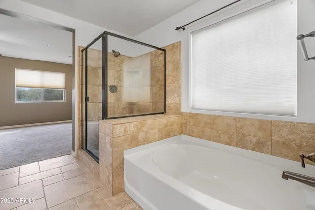 a bathroom with a bathtub and a shower