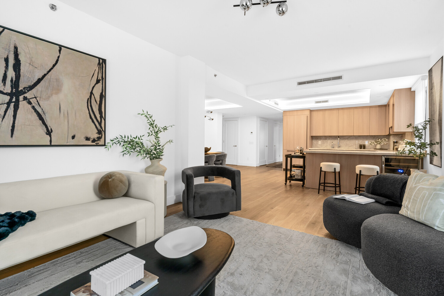 a living room with furniture and a potted plant