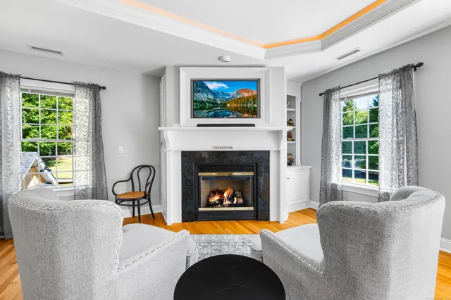 a living room with furniture and a fireplace