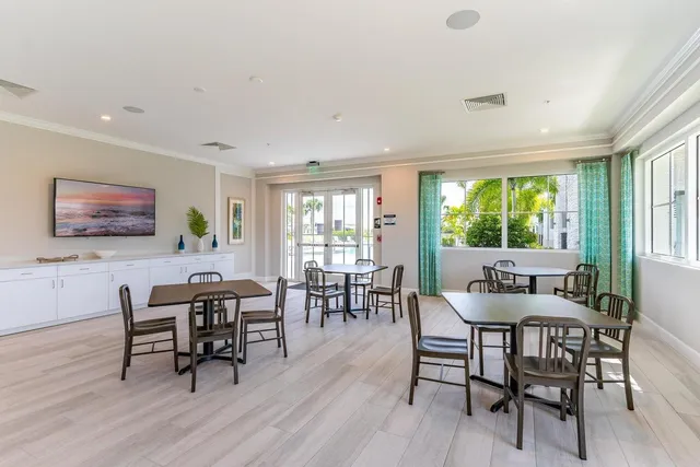 a view of a room with lots of tables and chairs