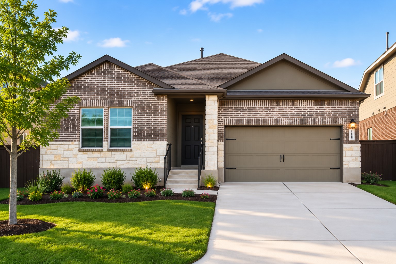 828 Mallow Road Leander, TX 78641 - Photo 1 of 14 A neatly manicured lawn frames this home's inviting facade, boasting brick and stone accents.