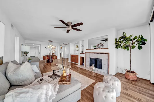 a living room with furniture a fireplace and a potted plant