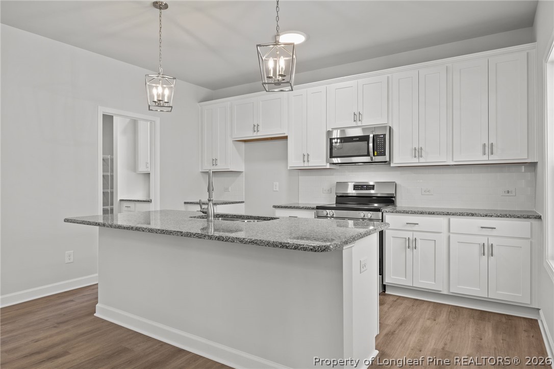 155 Michter Street Vass, NC 28394 - Photo 37 of 46 a kitchen with stainless steel appliances granite countertop a sink a stove a microwave and cabinets