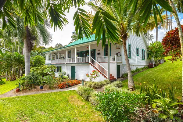 a view of a house with a yard and palm trees