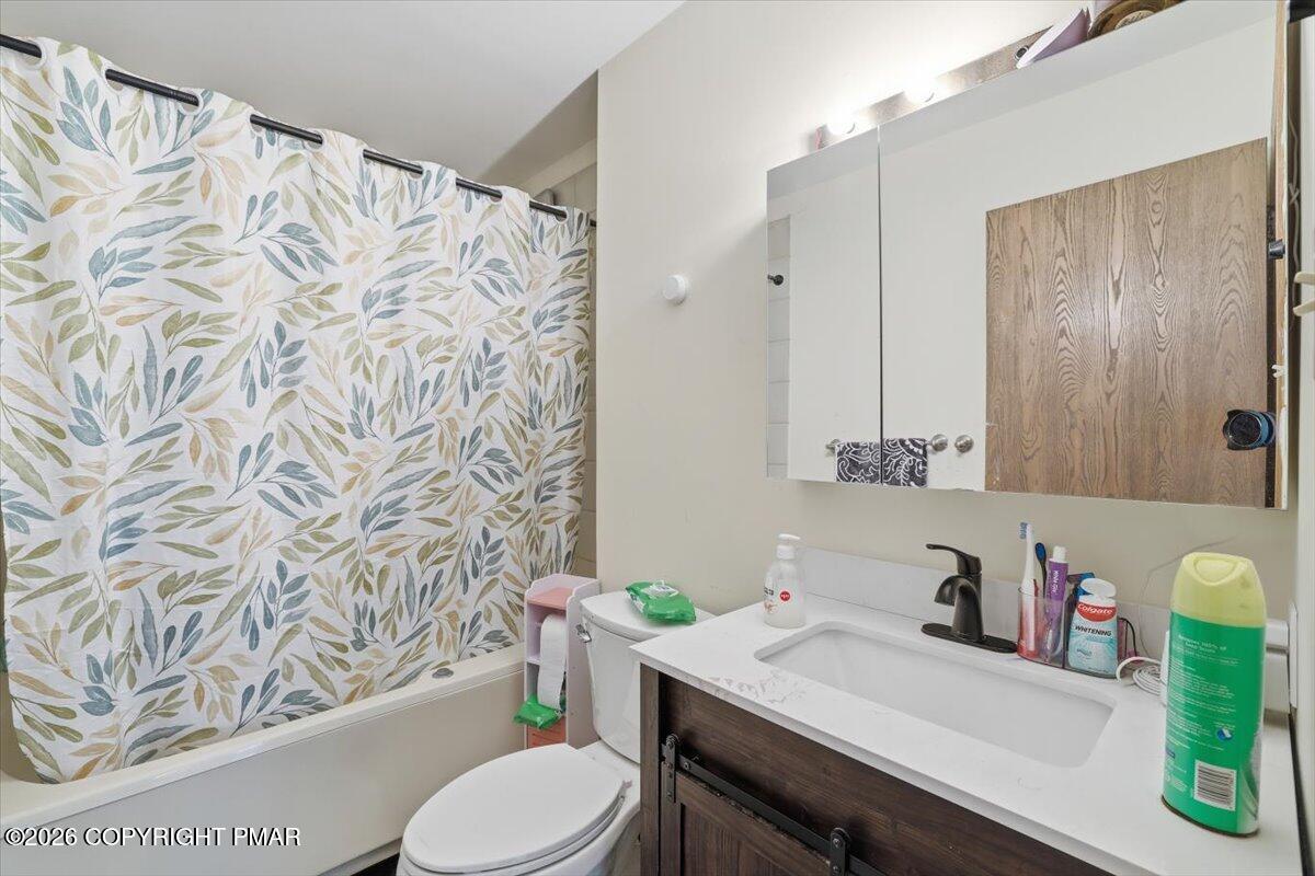 518 Wales Court Bushkill, PA 18324 - Photo 13 of 18 a bathroom with a sink a toilet and shower curtain