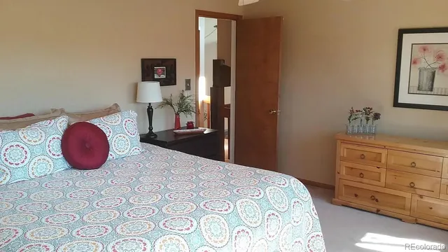 a bedroom with a bed and dresser with mirror