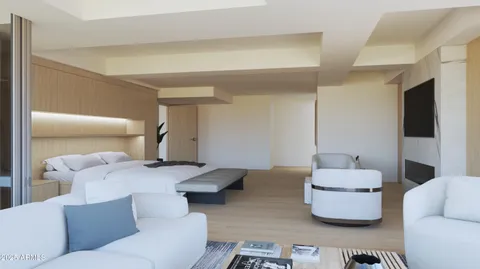 a living room with furniture and a lamp