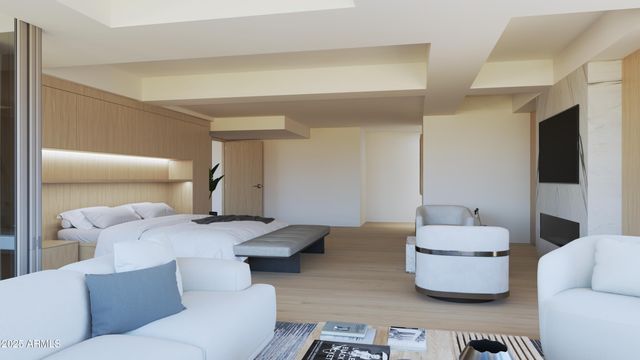 a living room with furniture and a lamp