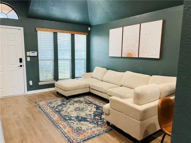 a living room with furniture and a rug