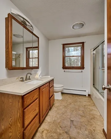 a bathroom with a sink a toilet and mirror