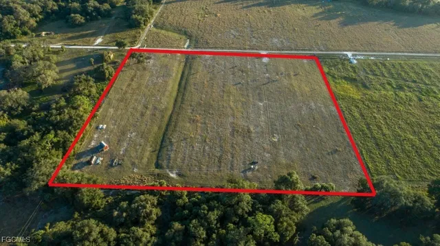a view of a field with trees in the background