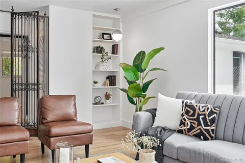 a living room with furniture and a potted plant