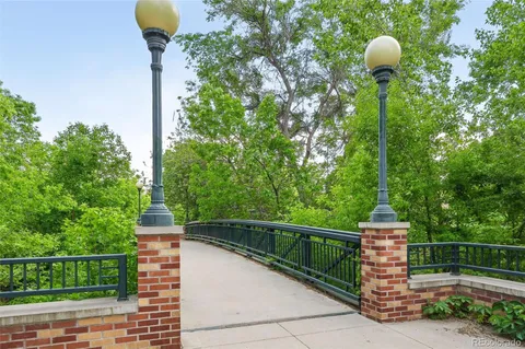a park with slide and large trees