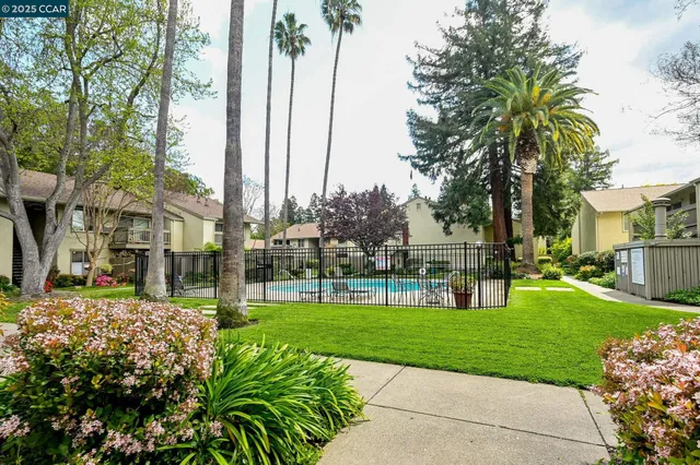 a view of a white house with a big yard and potted plants and large trees