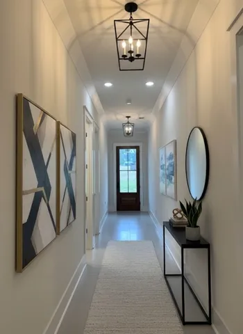 a view of a hallway with wooden floor and entryway