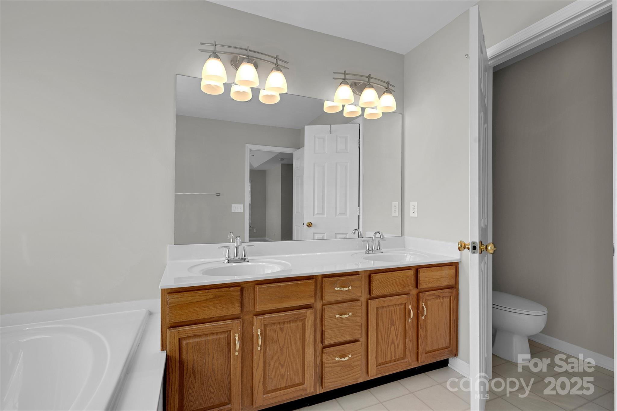 9211 Hickory Tree Lane Charlotte, NC 28277 - Photo 31 of 46 a bathroom with a granite countertop sink a toilet and a mirror