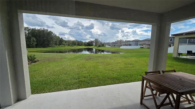 a view of a lake with a yard