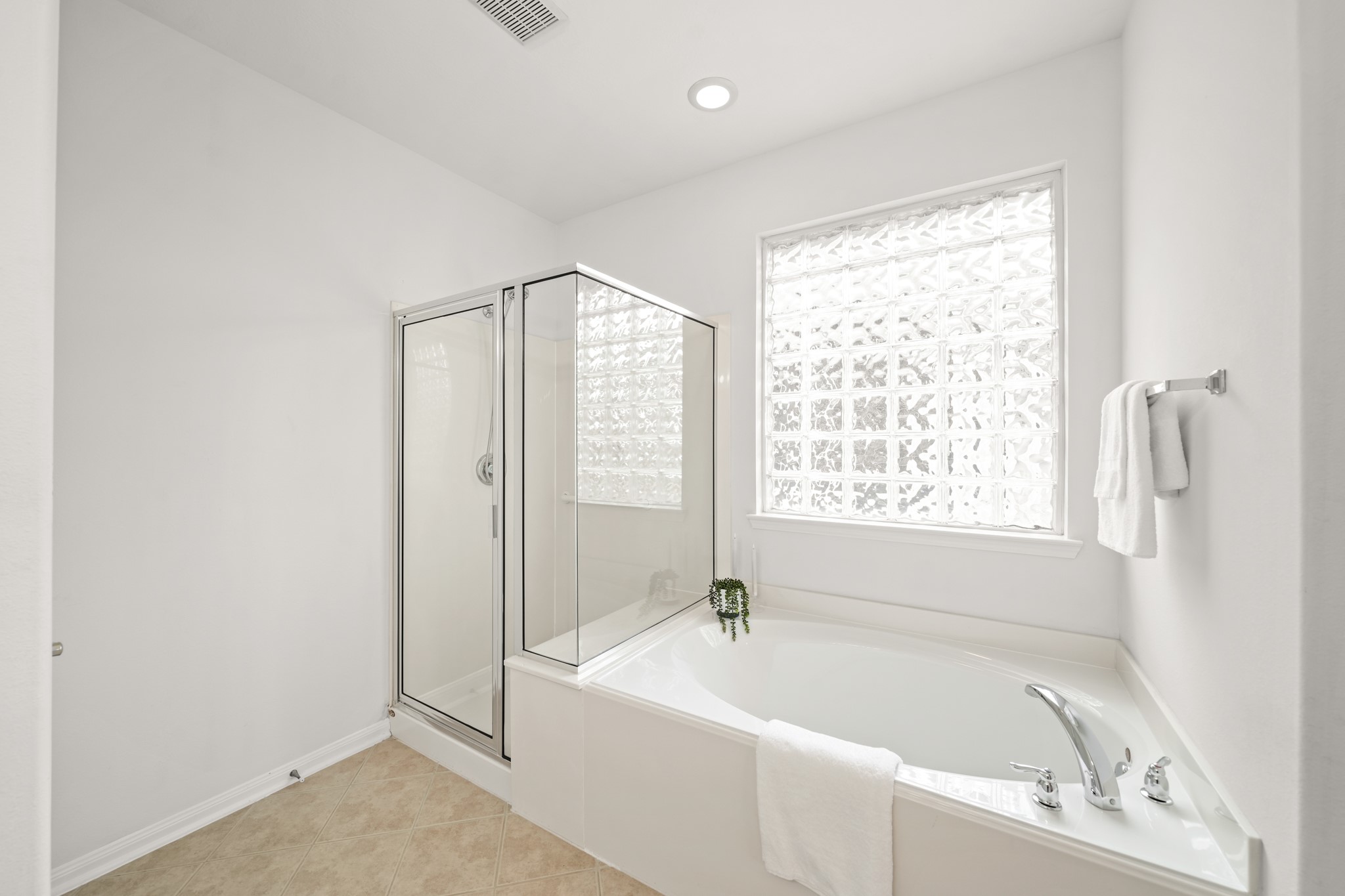 25003 Spring Ash Lane Katy, TX 77494 - Photo 24 of 43 Indulge in the serenity of a soaking tub bathed in soft light from a glass block window, complemented by a separate shower with a convenient seated bench for ultimate comfort.