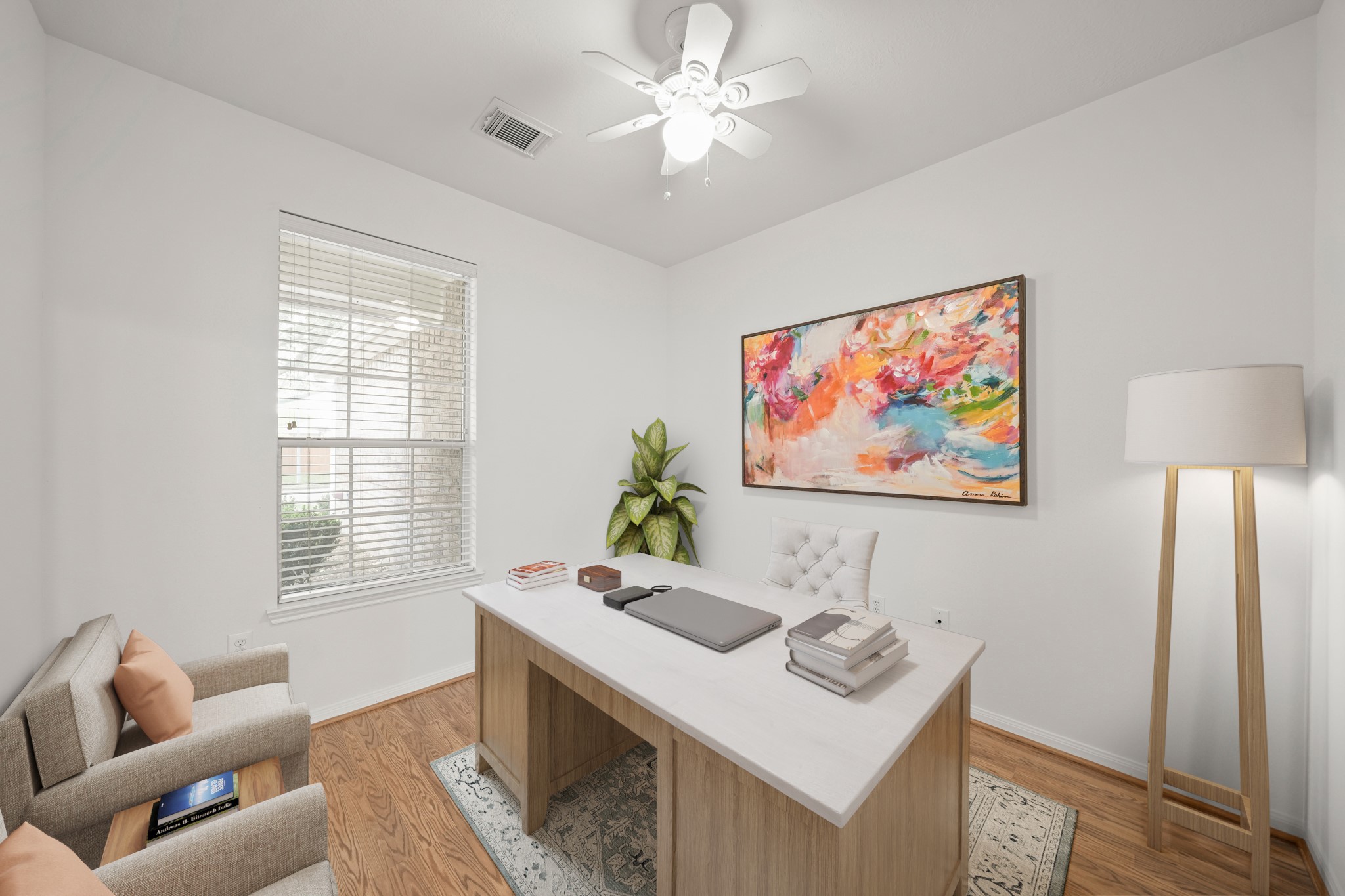 25003 Spring Ash Lane Katy, TX 77494 - Photo 4 of 43 This private study features a ceiling fan with an integrated light, laminate hardwood flooring and a window with blinds that offer a view of the front yard. This picture has been virtually staged.