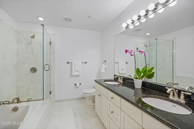 a bathroom with a sink a toilet and shower