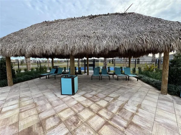 an outdoor space with furniture