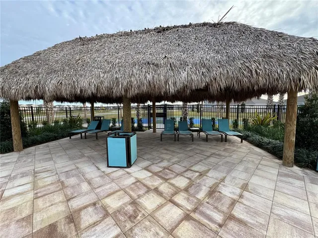 an outdoor space with furniture