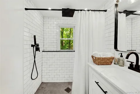 a bathroom with a sink and a shower