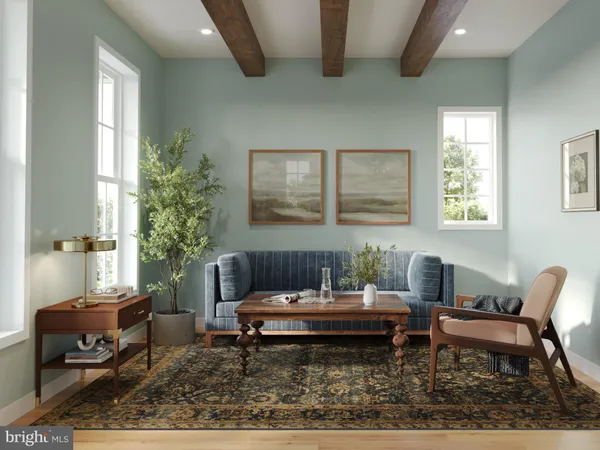 a living room with furniture and a potted plant
