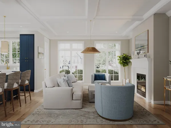 a living room with furniture a fireplace and a potted plant
