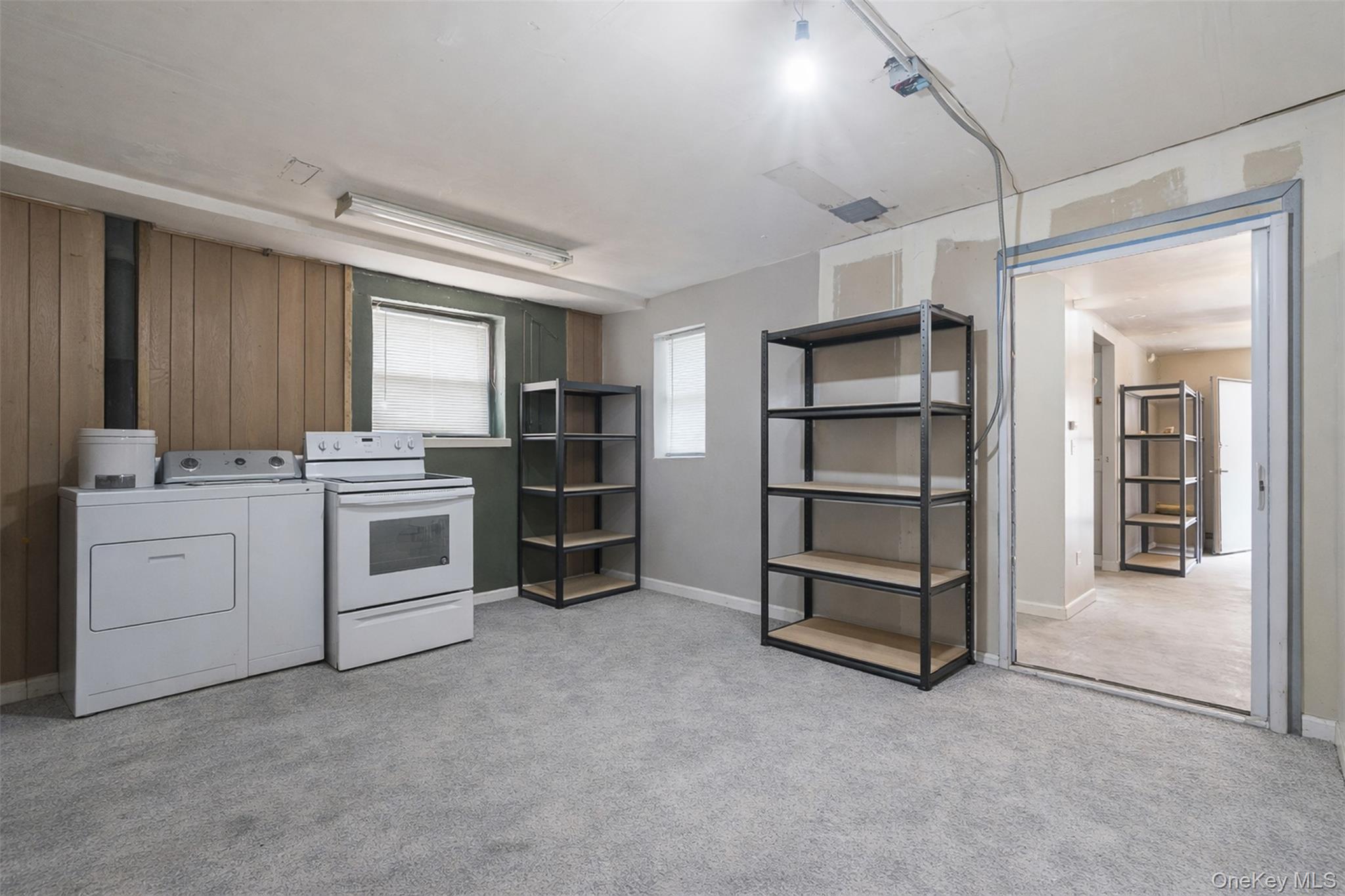 1677 Unionport Road Bronx, NY 10460 - Photo 30 of 33 Basement featuring white electric stove, light carpet, washing machine and clothes dryer, and wooden walls