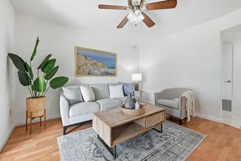 a living room with furniture flowerpot and wooden floor