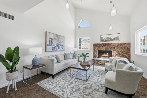 a living room with furniture a rug and a fireplace