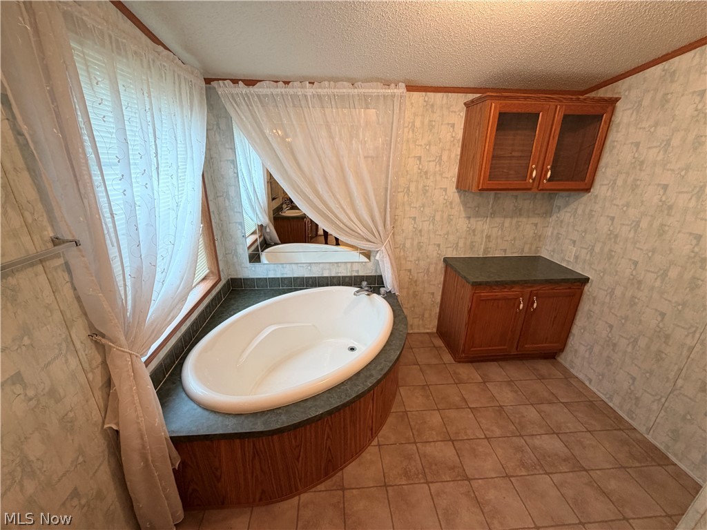 7213 Davis Road Orwell, OH 44076 - Photo 13 of 24 Built-in soaking tub with a tiled surround, wood-finish cabinetry, and ceramic tile flooring