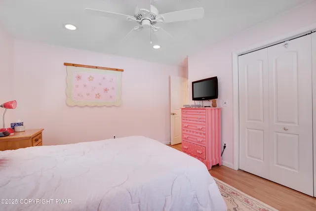 a view of a backyard with large trees