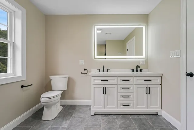 a bathroom with a sink a toilet and a mirror
