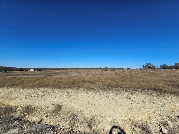 a view of a dry field with trees in the background