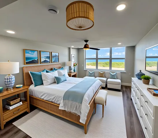 a bedroom with bed and a large window