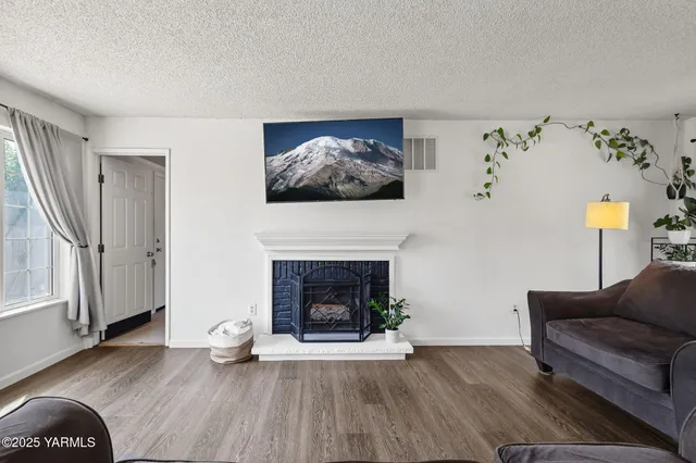 a living room with furniture and a fireplace