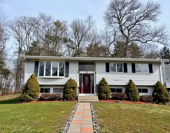 a front view of house with yard and green space