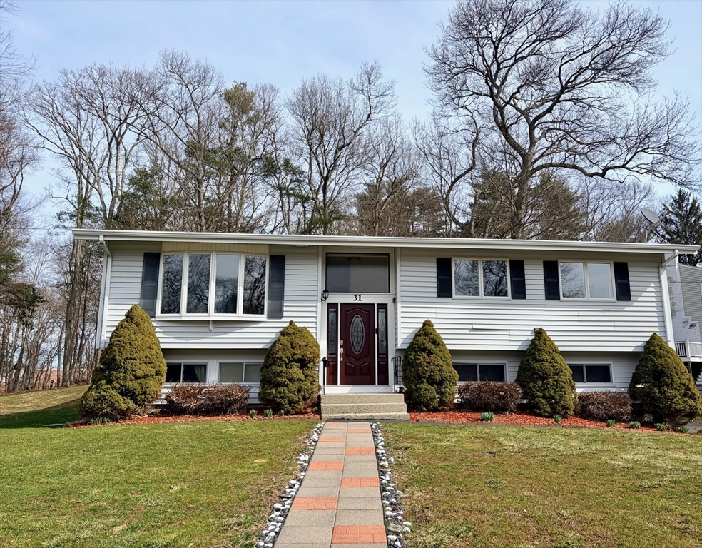 a front view of house with yard and green space