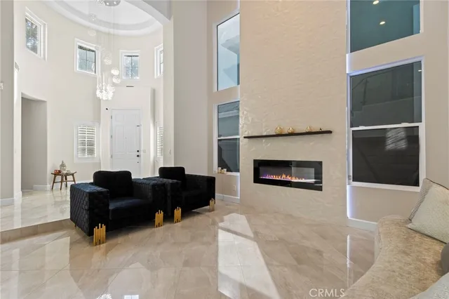 a living room with a fireplace