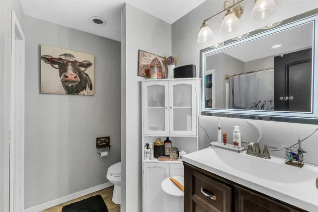 a bathroom with a sink a toilet and a mirror