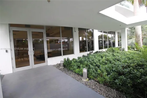 a view of a building with a large windows