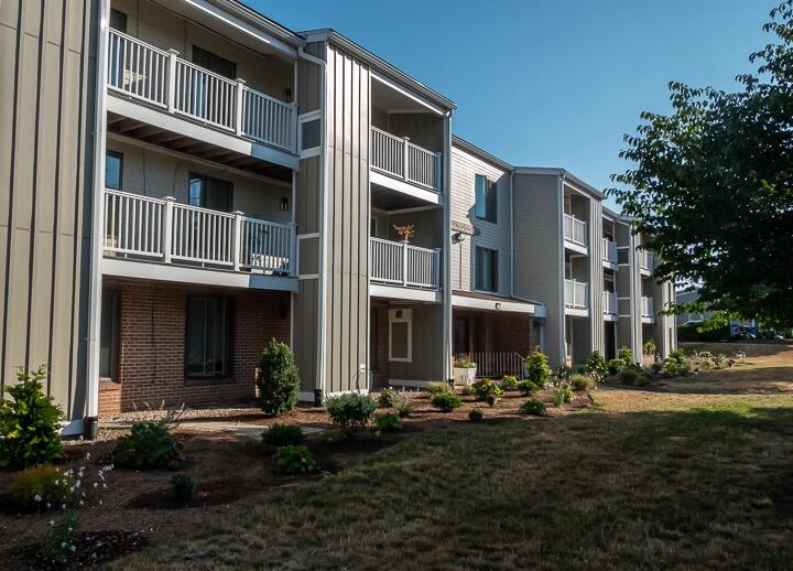 a front view of a building with garden