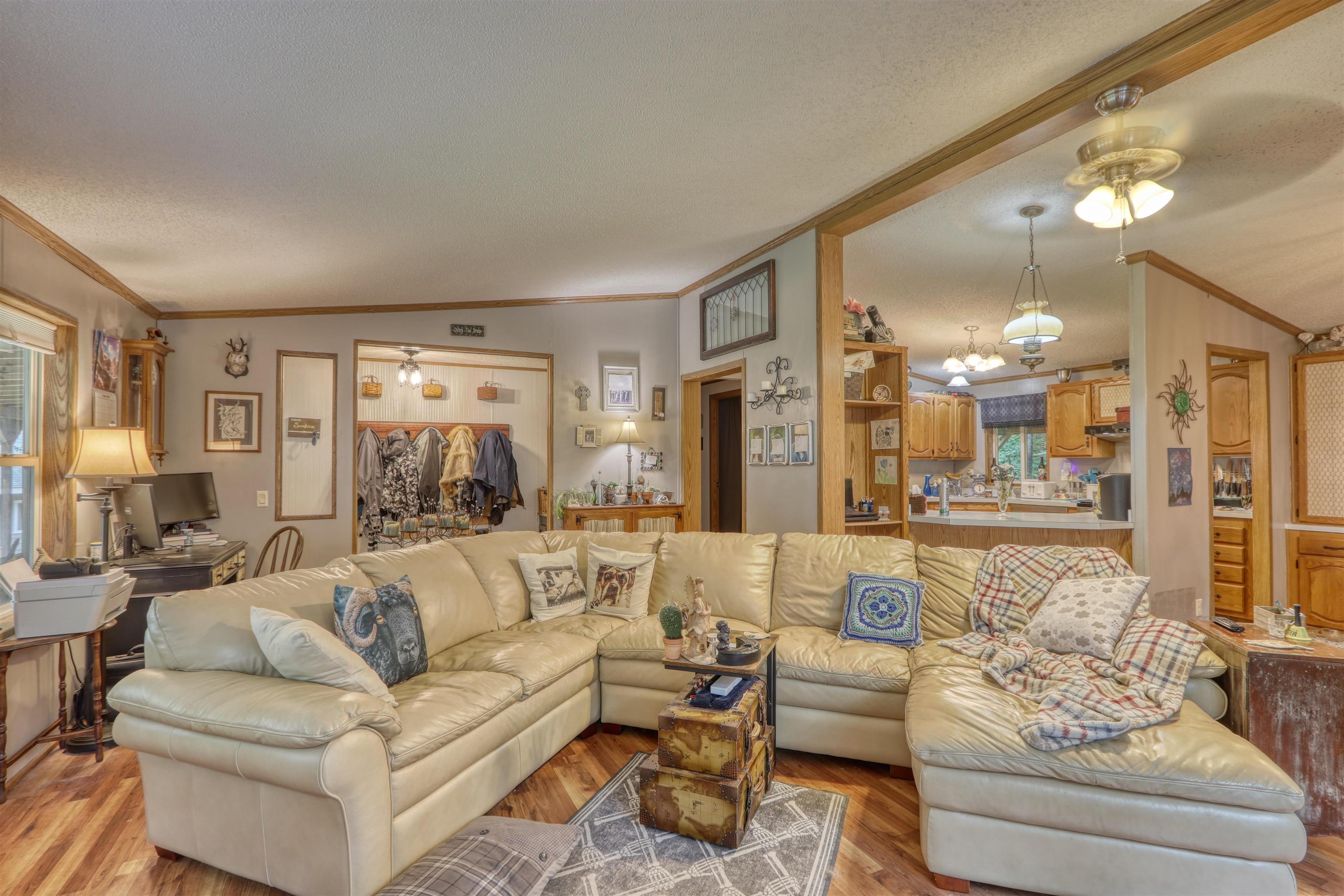 48400 Old Grade Road Cable, WI 54821 - Photo 19 of 58 Living room with a ceiling fan, ornamental molding, wood finished floors, vaulted ceiling, and a textured ceiling