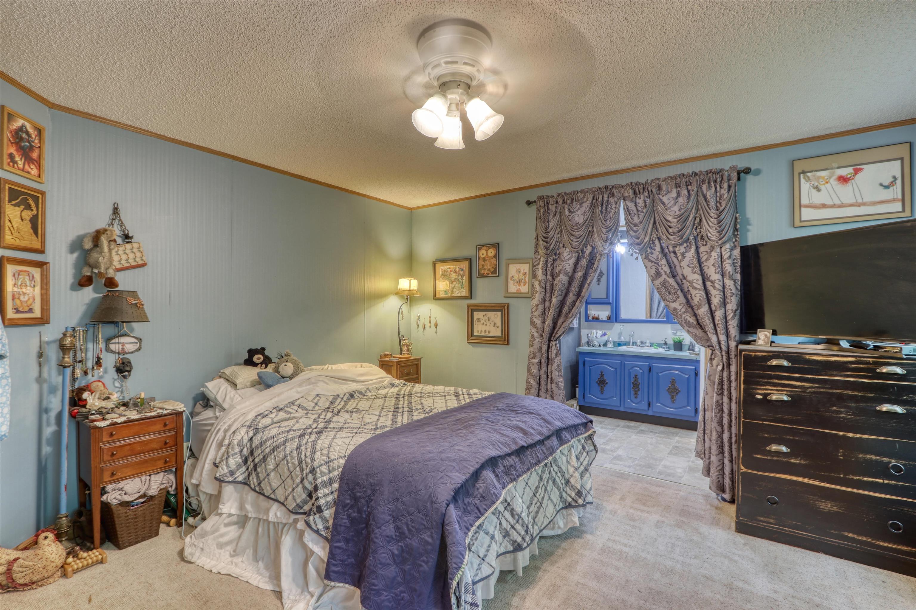 48400 Old Grade Road Cable, WI 54821 - Photo 25 of 58 Carpeted bedroom with ornamental molding, a textured ceiling, and ceiling fan
