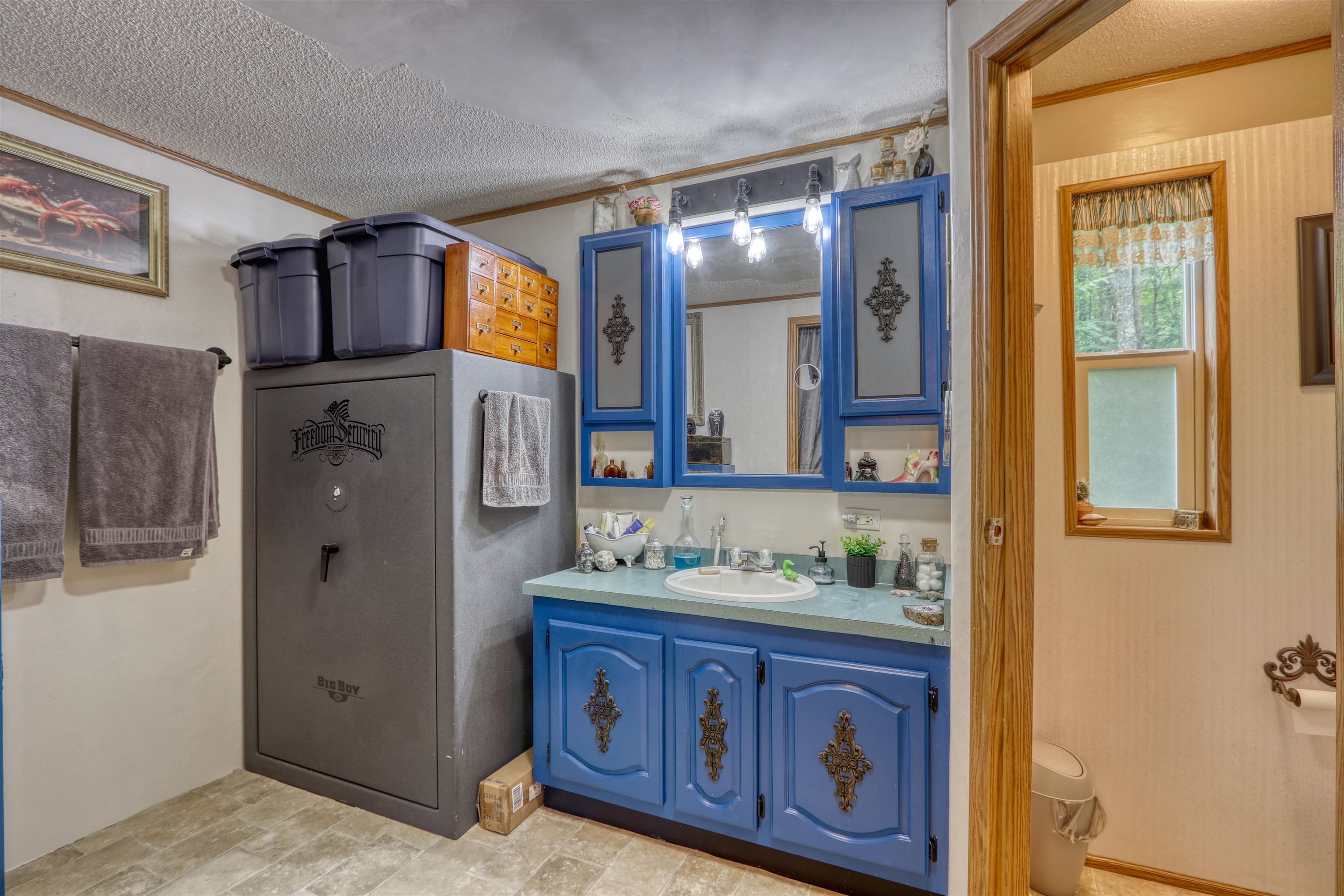 48400 Old Grade Road Cable, WI 54821 - Photo 29 of 58 Bathroom with vanity, crown molding, and a textured ceiling