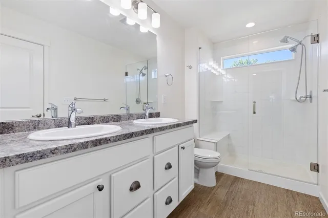 a bathroom with a granite countertop sink a toilet a shower and a mirror