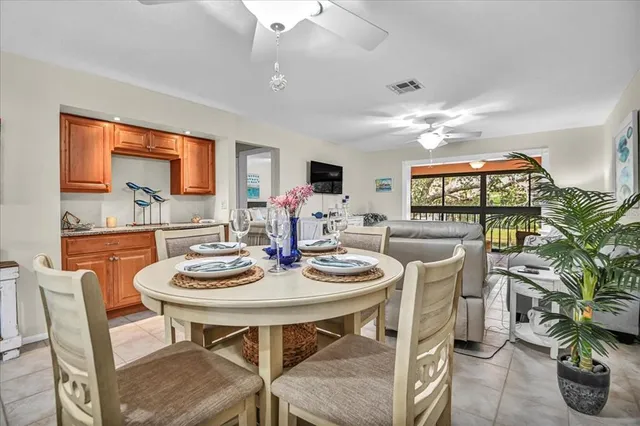 a view of a dining room with furniture window and outside view