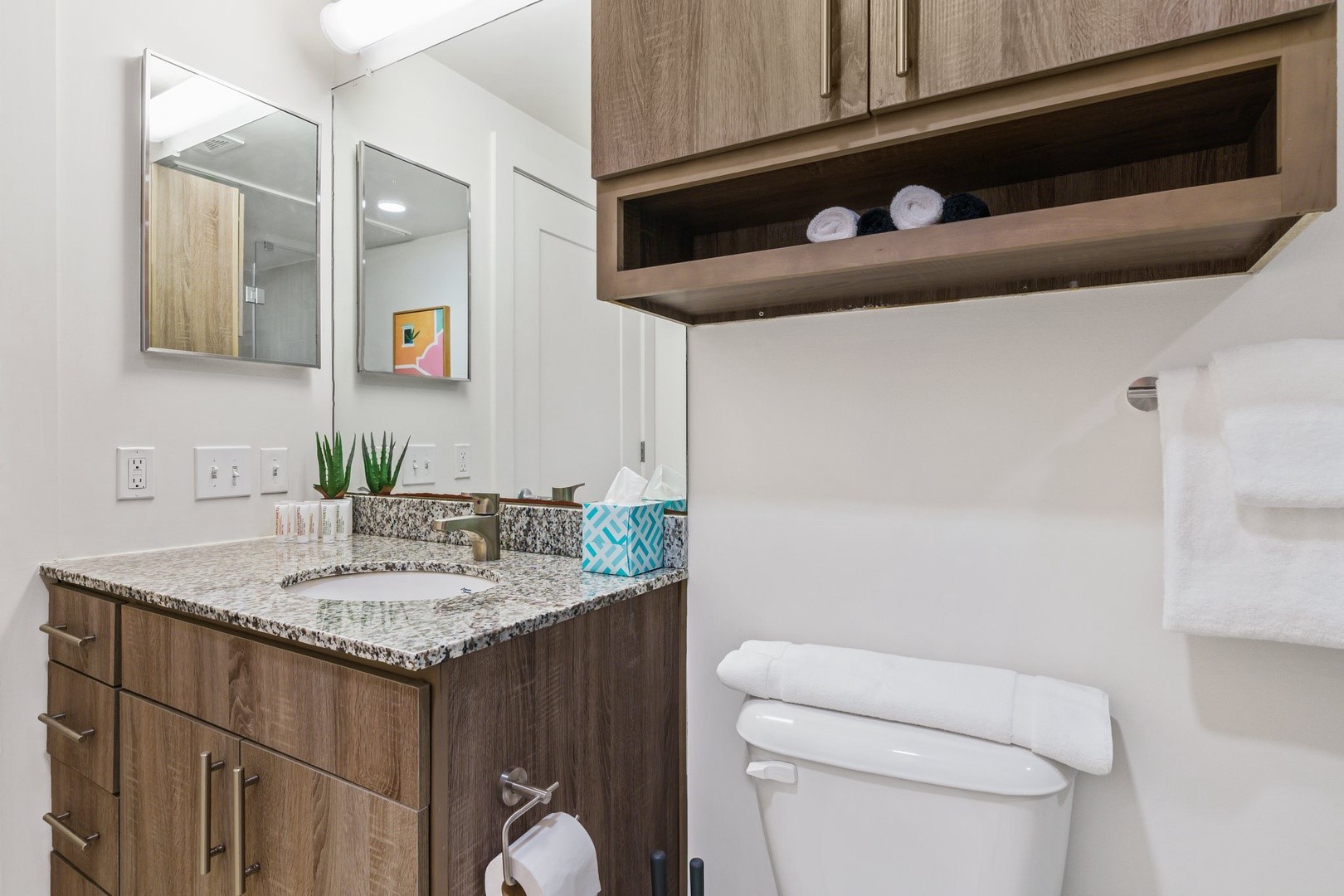 3550 Main Street, Unit 5301 Houston, TX 77002 - Photo 7 of 49 The bathroom features a modern design with a granite countertop and wood cabinets. It includes a built-in sink, mirror, and open shelving for storage.